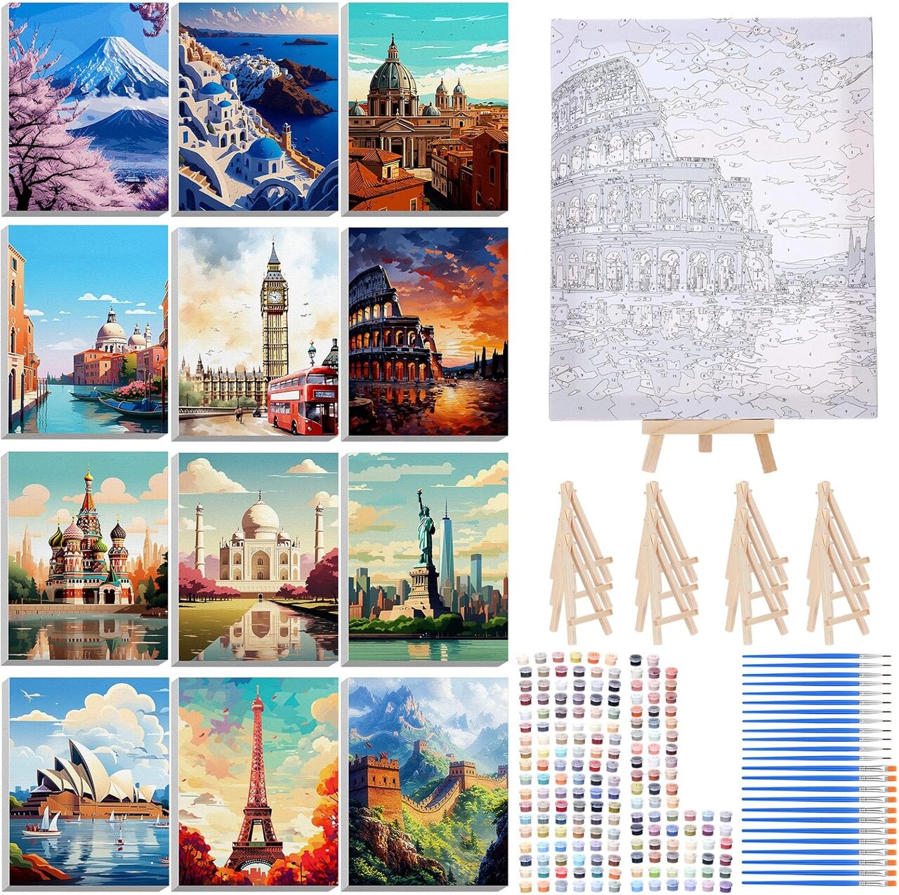 Paint By Number 12-Pack Cityscape Kit for Adults Beginners – DIY Acrylic Oil Painting Set with Wooden Frame Easel for Home Wall Decor, 8x10 Inch